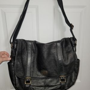 Fossil Black Leather Messenger Bag Vintage